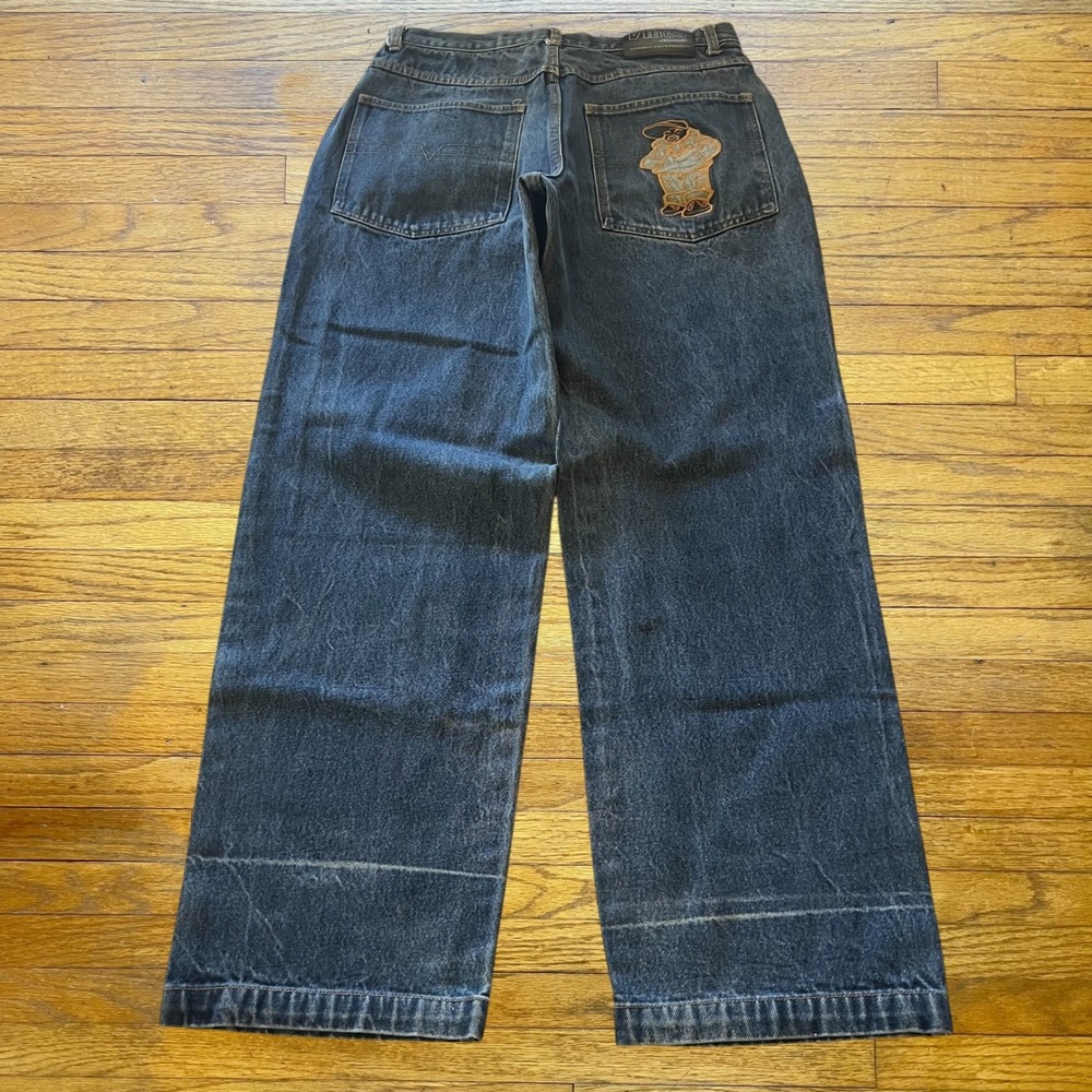 Vibes Jeans Mens Baggy Wide Leg Denim Dark Wash Embroidered Streetwear 32x29.5